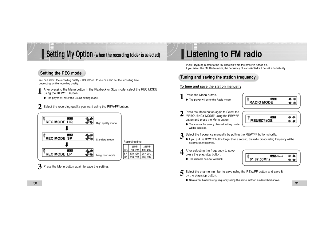 Enox EVR-M760 Listening to FM radio, Setting the REC mode, Tuning and saving the station frequency, Press the Menu button 