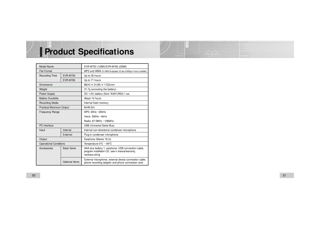 Enox EVR-M760, EVR-M750 manual Product Specifications 