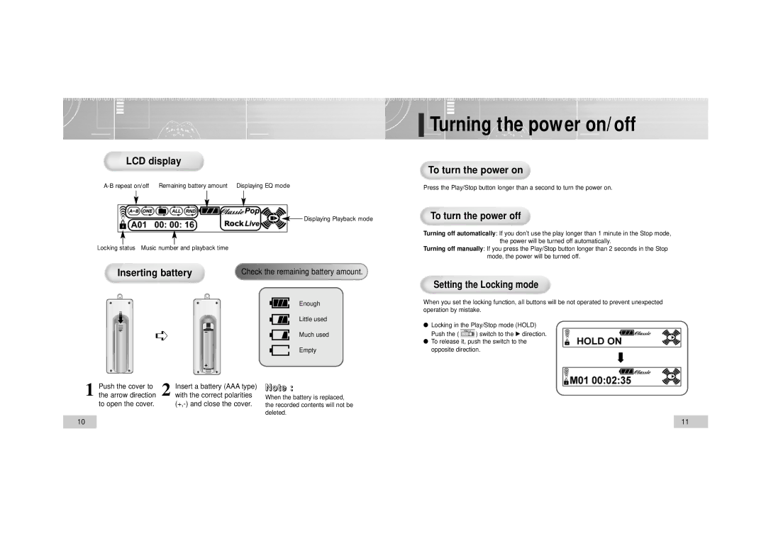 Enox EVR-M760 Turning the power on/off, To turn the power off, Push the cover to Insert a battery AAA type Arrow direction 