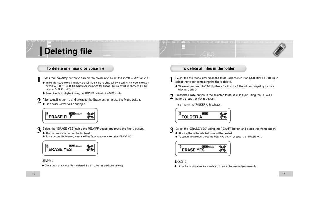 Enox EVR-M750, EVR-M760 manual Deleting file, To delete one music or voice file, To delete all files in the folder 