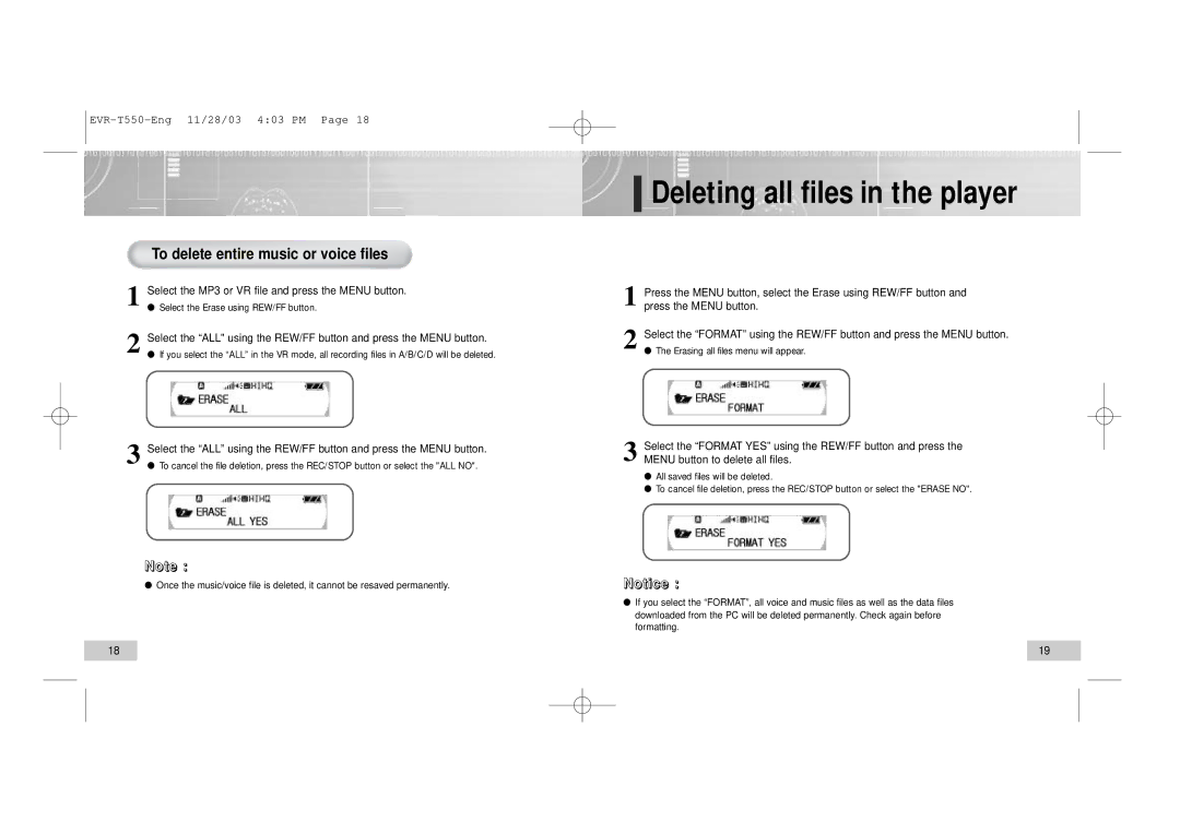 Enox T560, T550 manual Deleting all files in the player, To delete entire music or voice files 