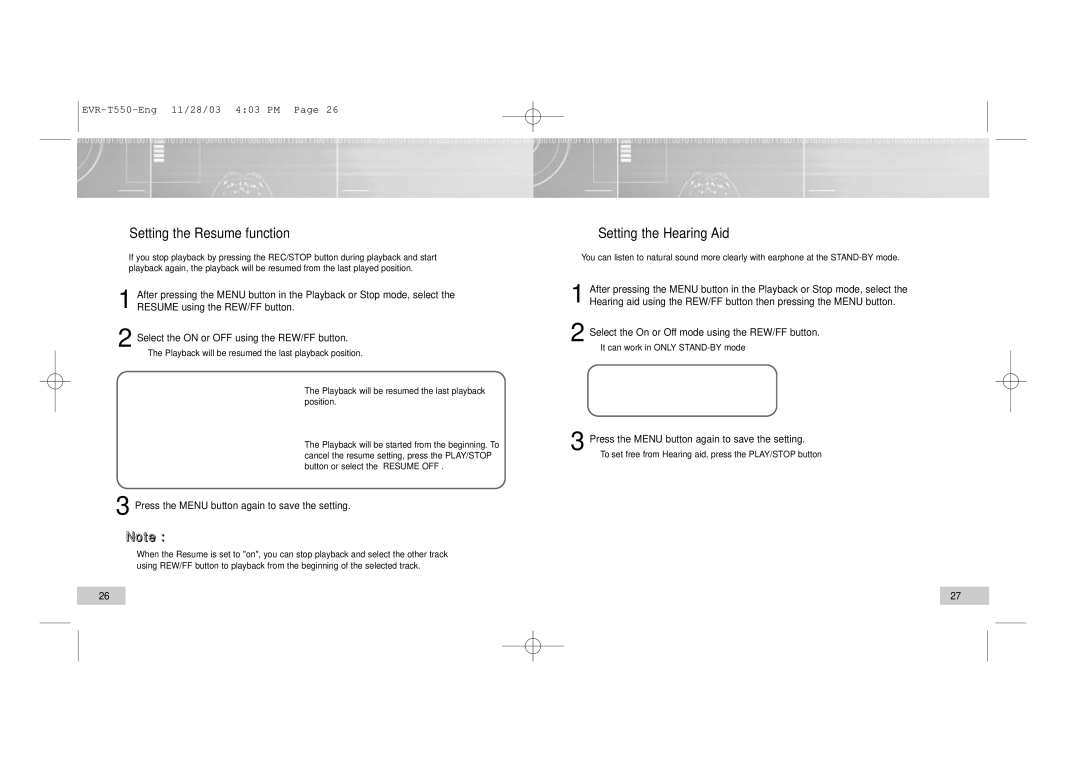 Enox T560, T550 Setting the Resume function, Setting the Hearing Aid, Select the On or Off mode using the REW/FF button 