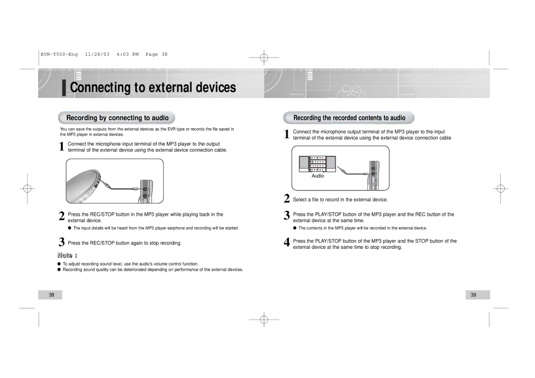 Enox T560, T550 manual Recording by connecting to audio, Recording the recorded contents to audio 