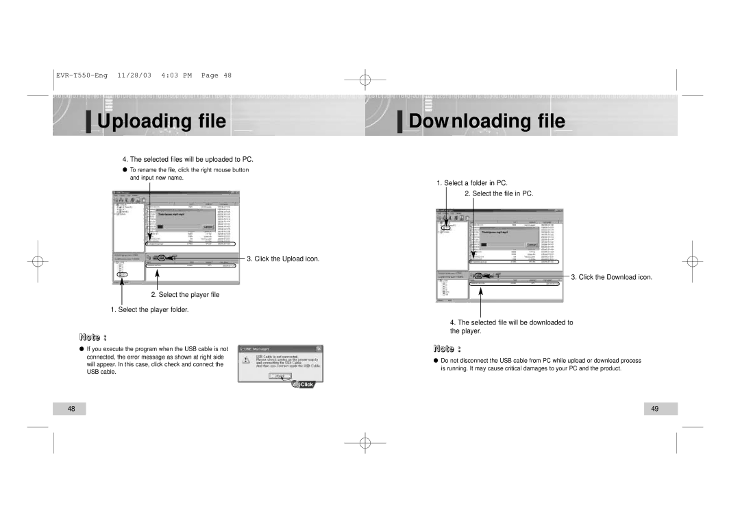 Enox T550, T560 manual Uploading file, Downloading file, Selected files will be uploaded to PC 