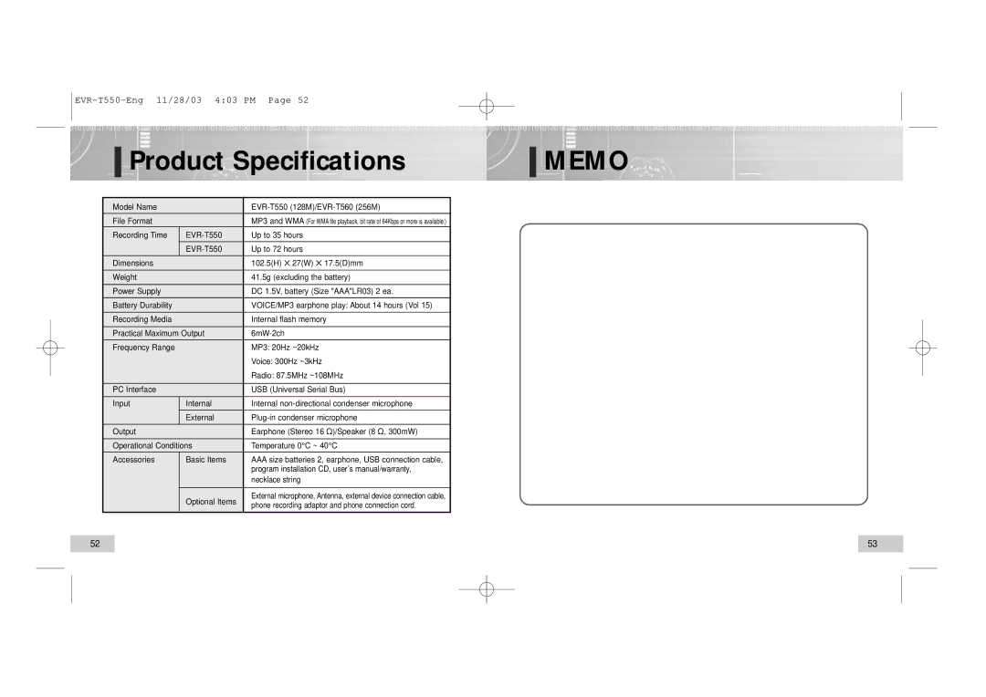 Enox T550, T560 manual Product Specifications, Memo 