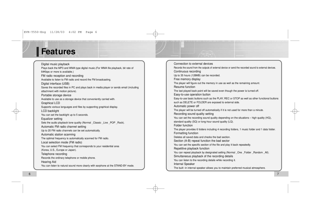 Enox T560, T550 manual Features, Digital music playback 