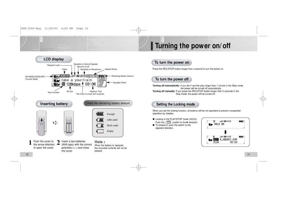 Enox T560, T550 manual Turning the power on/off, To turn the power off, Setting the Locking mode, Cover 