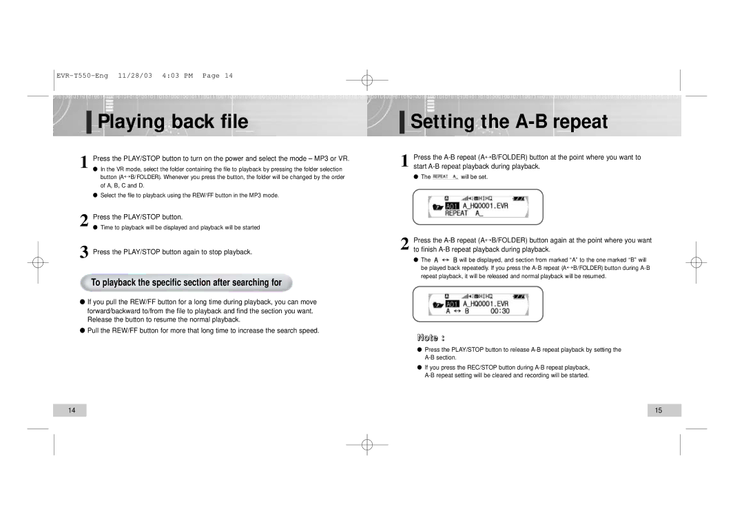 Enox T560, T550 manual Playing back file, To playback the specific section after searching for, Press the PLAY/STOP button 