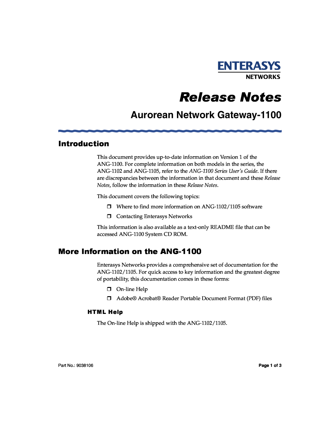 Enterasys Networks 1100 Series manual Introduction, More Information on the ANG-1100, HTML Help, Release Notes 