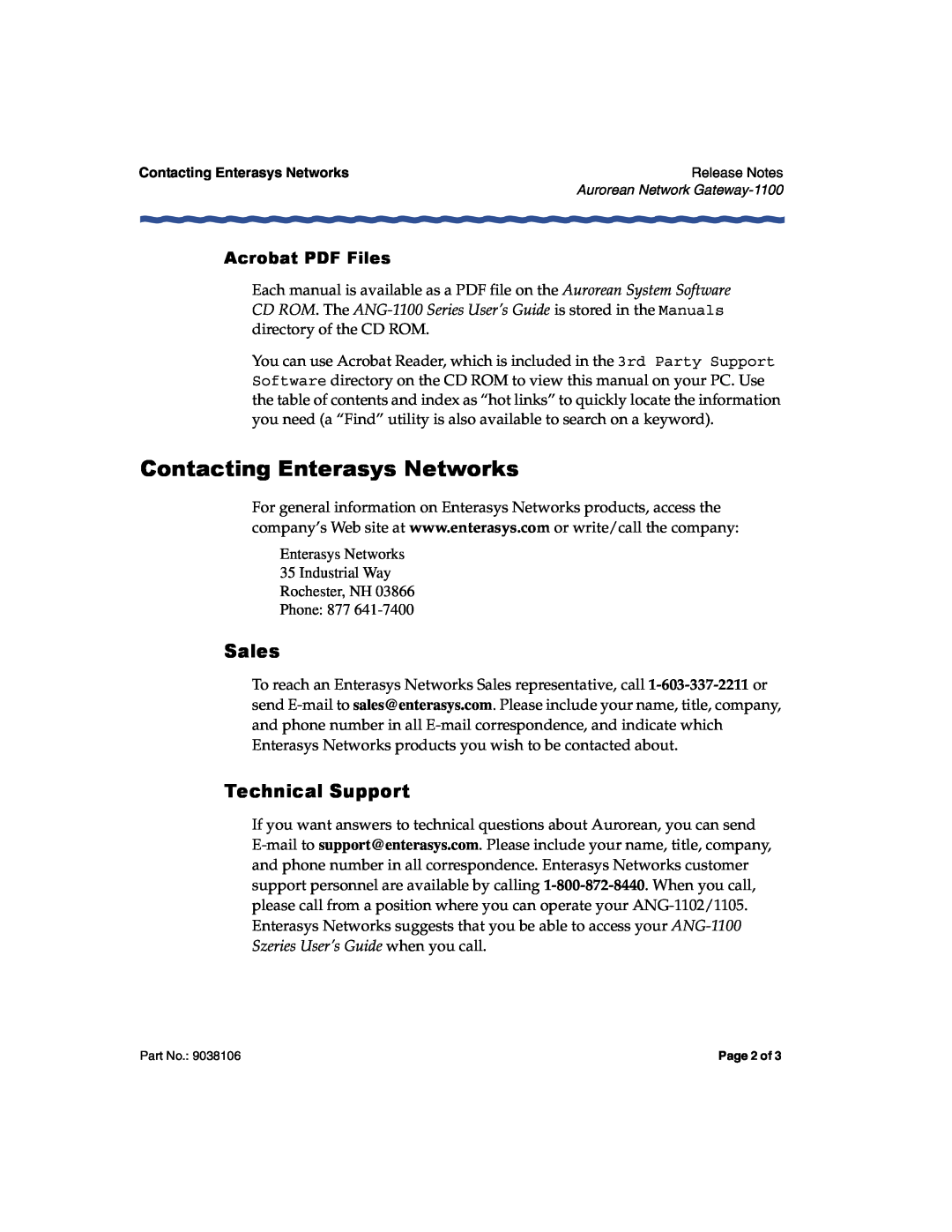 Enterasys Networks 1100 Series manual Contacting Enterasys Networks, Acrobat PDF Files, Sales, Technical Support 