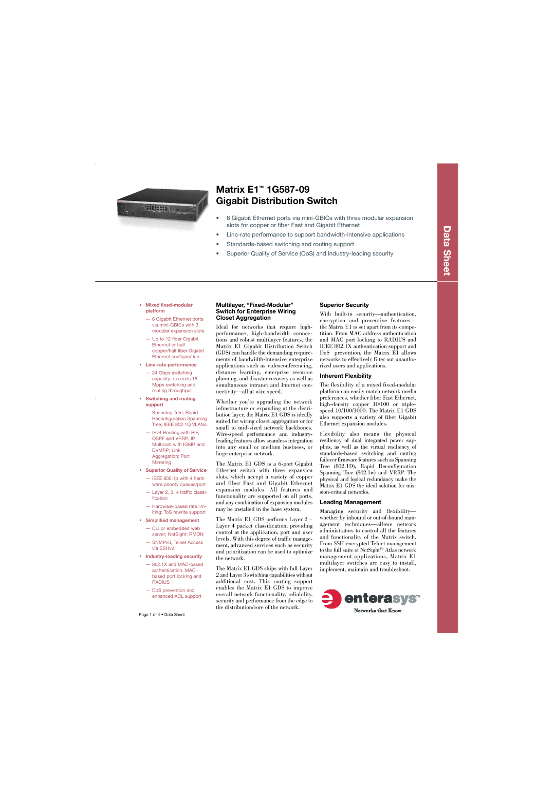 Enterasys Networks manual Matrix E1 1G587-09 Gigabit Distribution Switch 