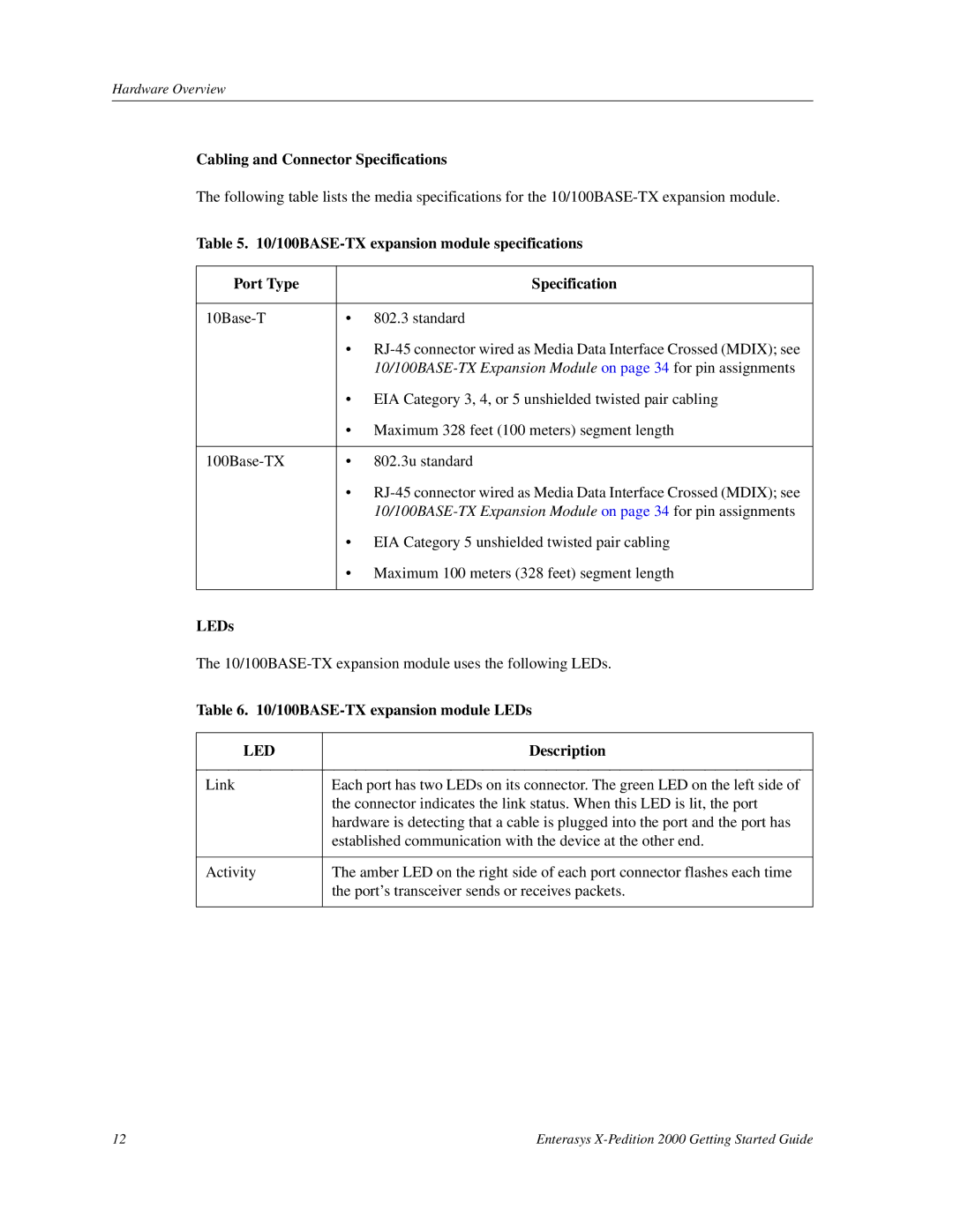 Enterasys Networks 2000 manual Cabling and Connector Specifications, 100BASE-TX expansion module LEDs 