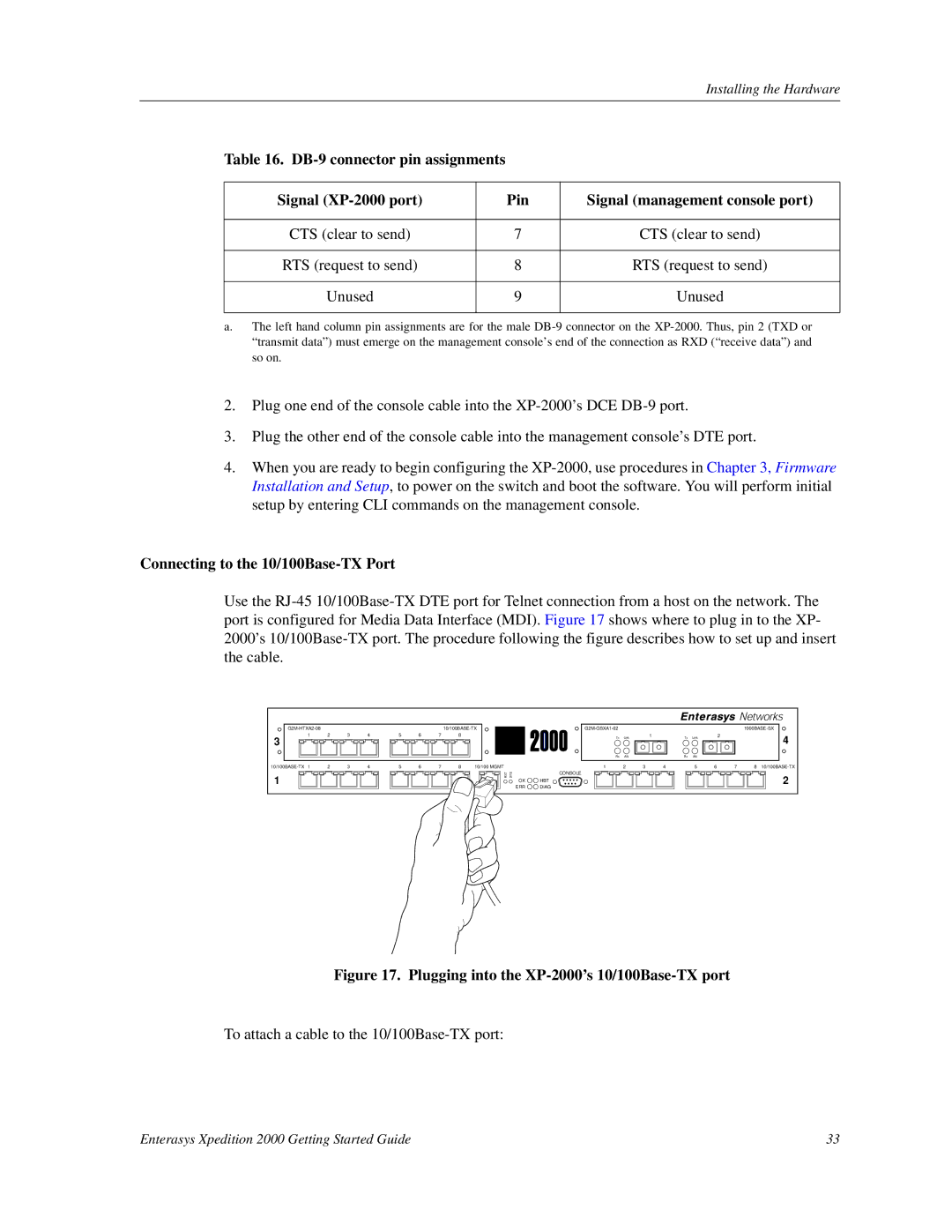 Enterasys Networks manual Connecting to the 10/100Base-TX Port, Plugging into the XP-2000’s 10/100Base-TX port 