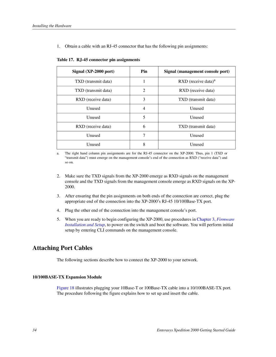 Enterasys Networks 2000 manual Attaching Port Cables, RXD receive data TXD transmit data 