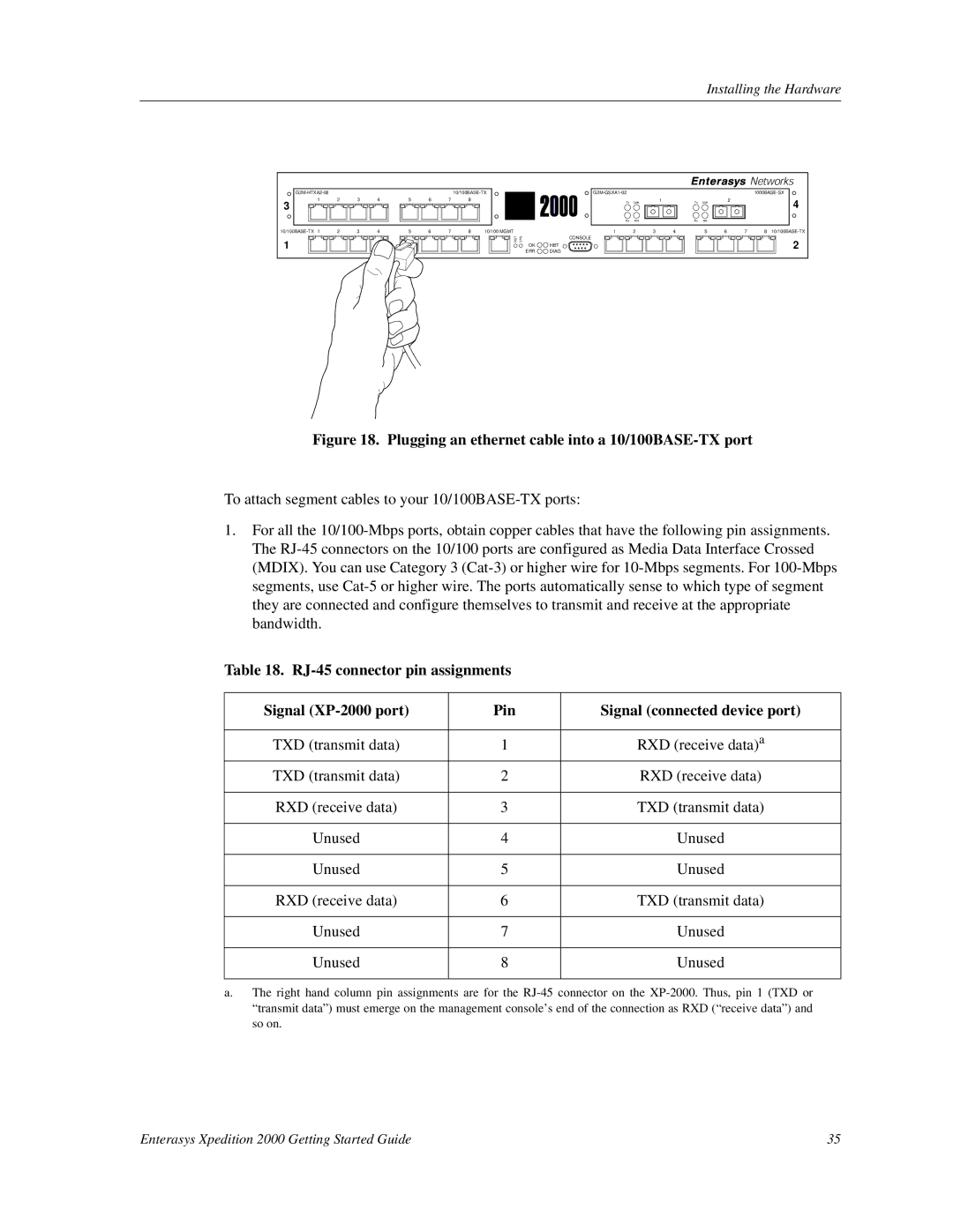 Enterasys Networks 2000 manual Plugging an ethernet cable into a 10/100BASE-TX port 