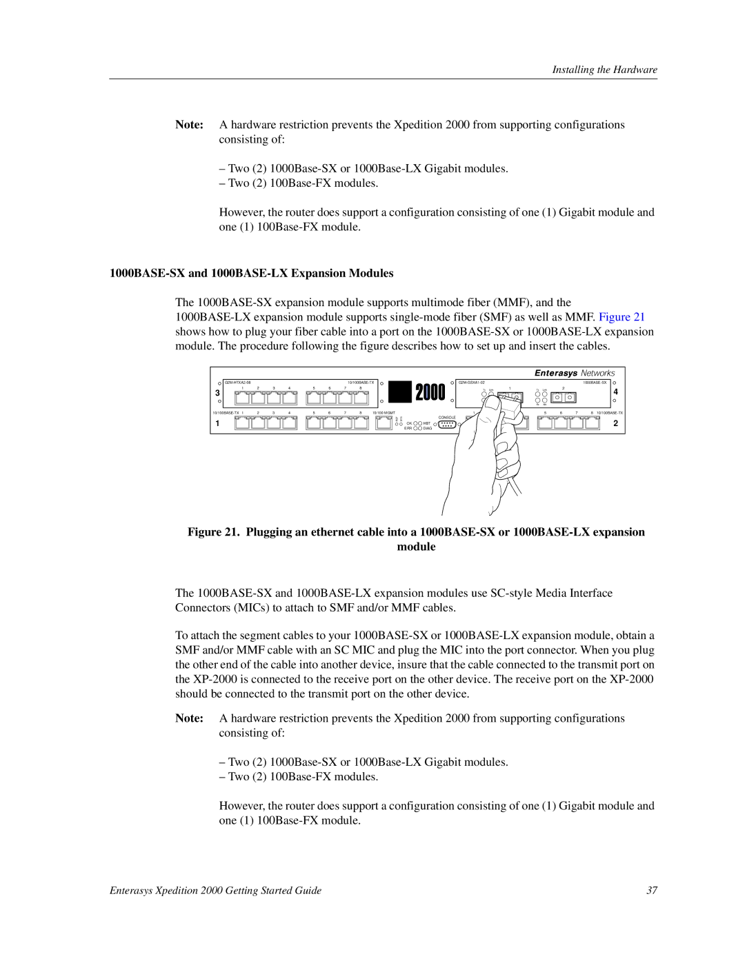Enterasys Networks 2000 manual 1000BASE-SX and 1000BASE-LX Expansion Modules 