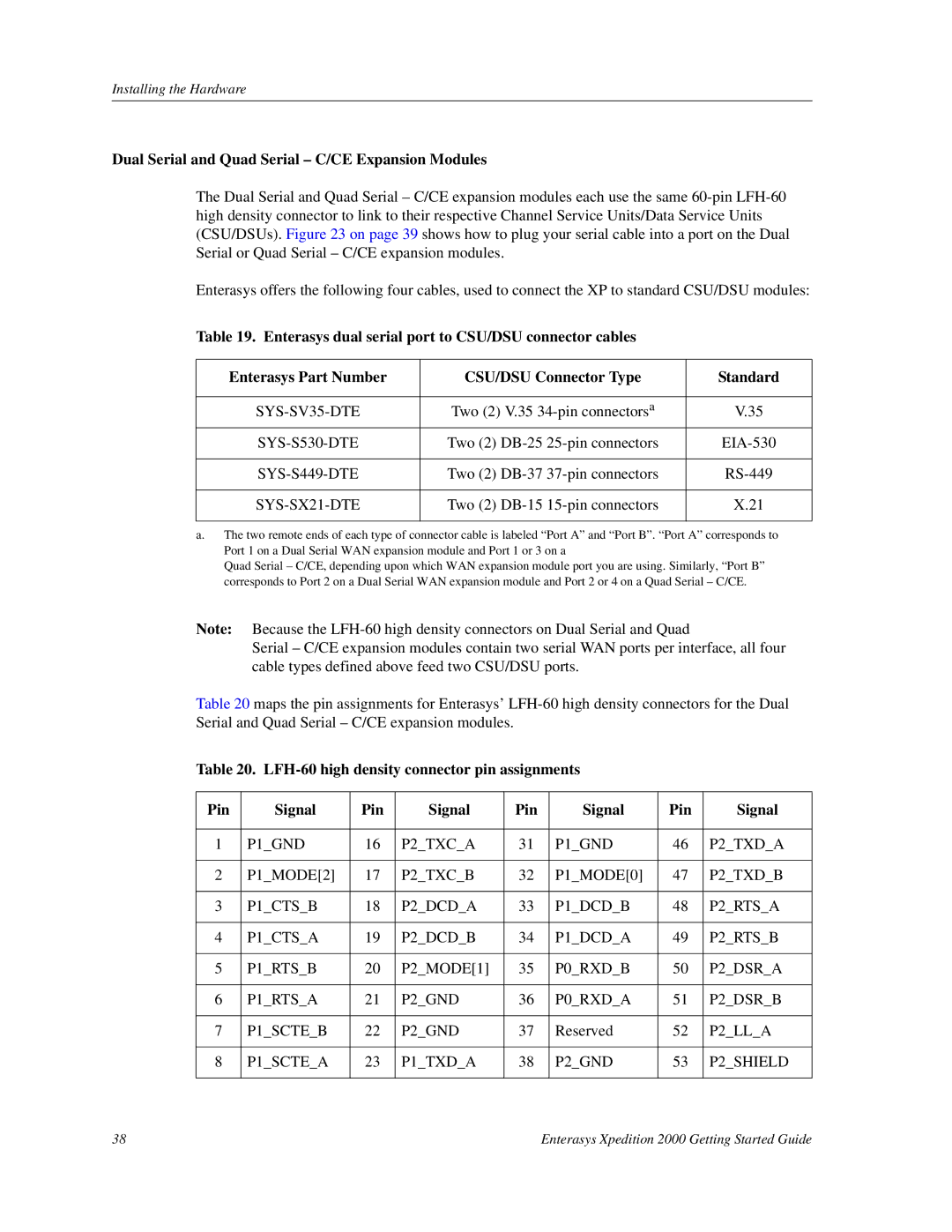 Enterasys Networks 2000 manual LFH-60 high density connector pin assignments Pin Signal 