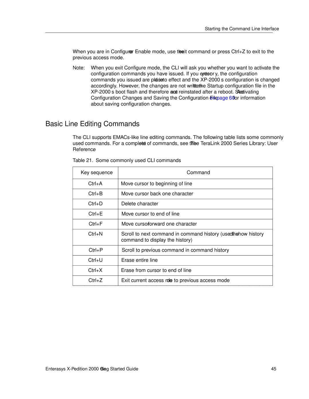 Enterasys Networks 2000 manual Basic Line Editing Commands, Some commonly used CLI commands Key sequence Command 