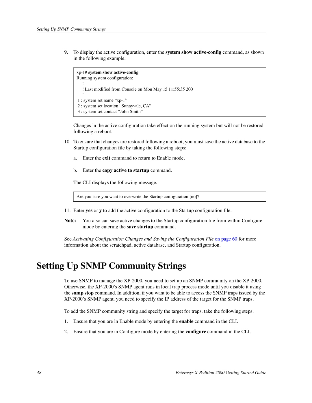 Enterasys Networks 2000 manual Setting Up Snmp Community Strings, Enter the copy active to startup command 