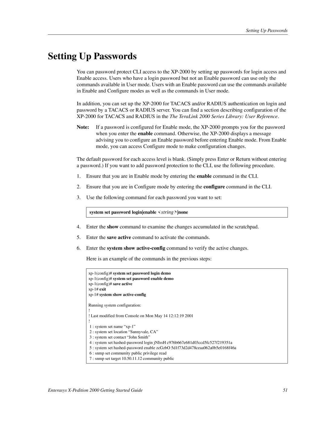 Enterasys Networks 2000 manual Setting Up Passwords, Xp-1#system show active-config 