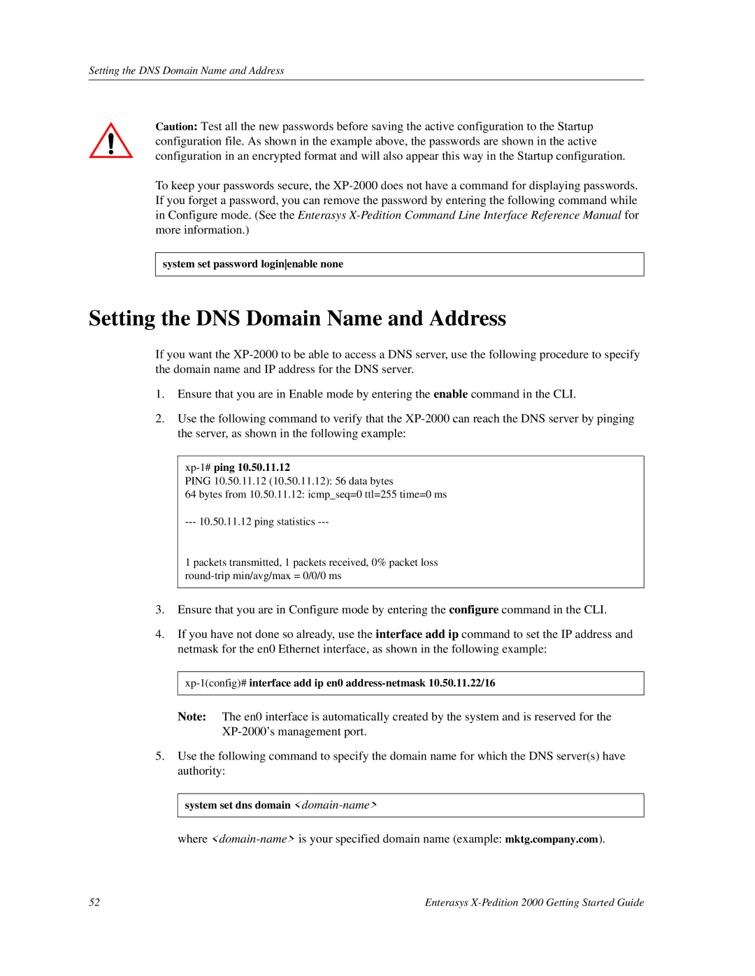 Enterasys Networks 2000 manual Setting the DNS Domain Name and Address, Xp-1#ping 