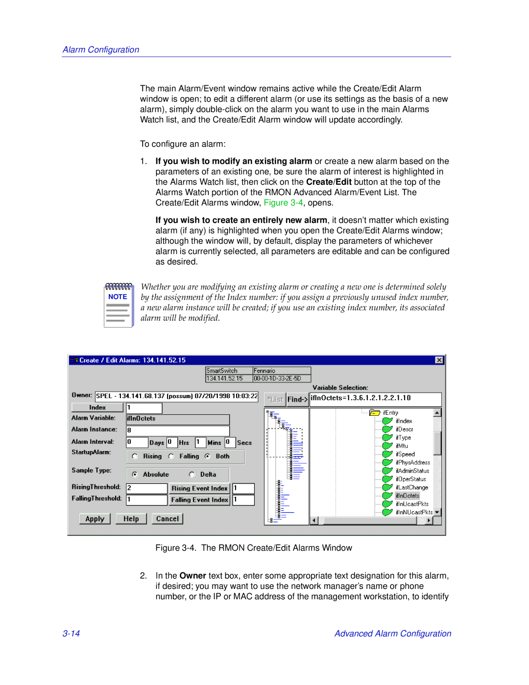 Enterasys Networks 2000 manual Rmon Create/Edit Alarms Window 