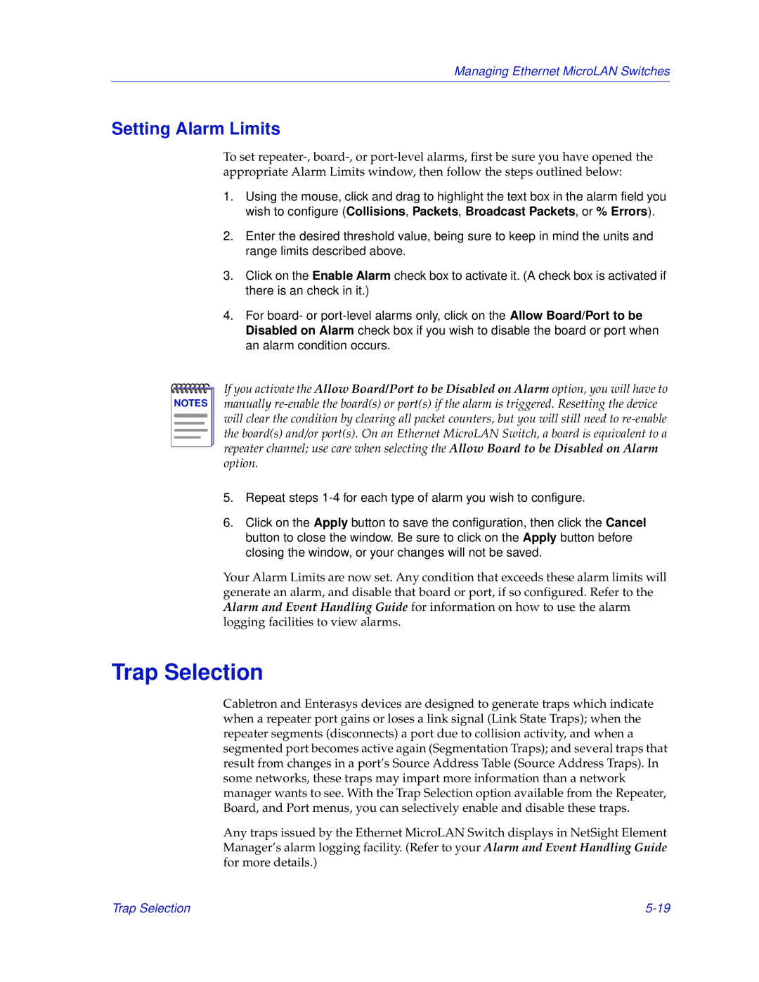 Enterasys Networks 2000 manual Trap Selection, Setting Alarm Limits 