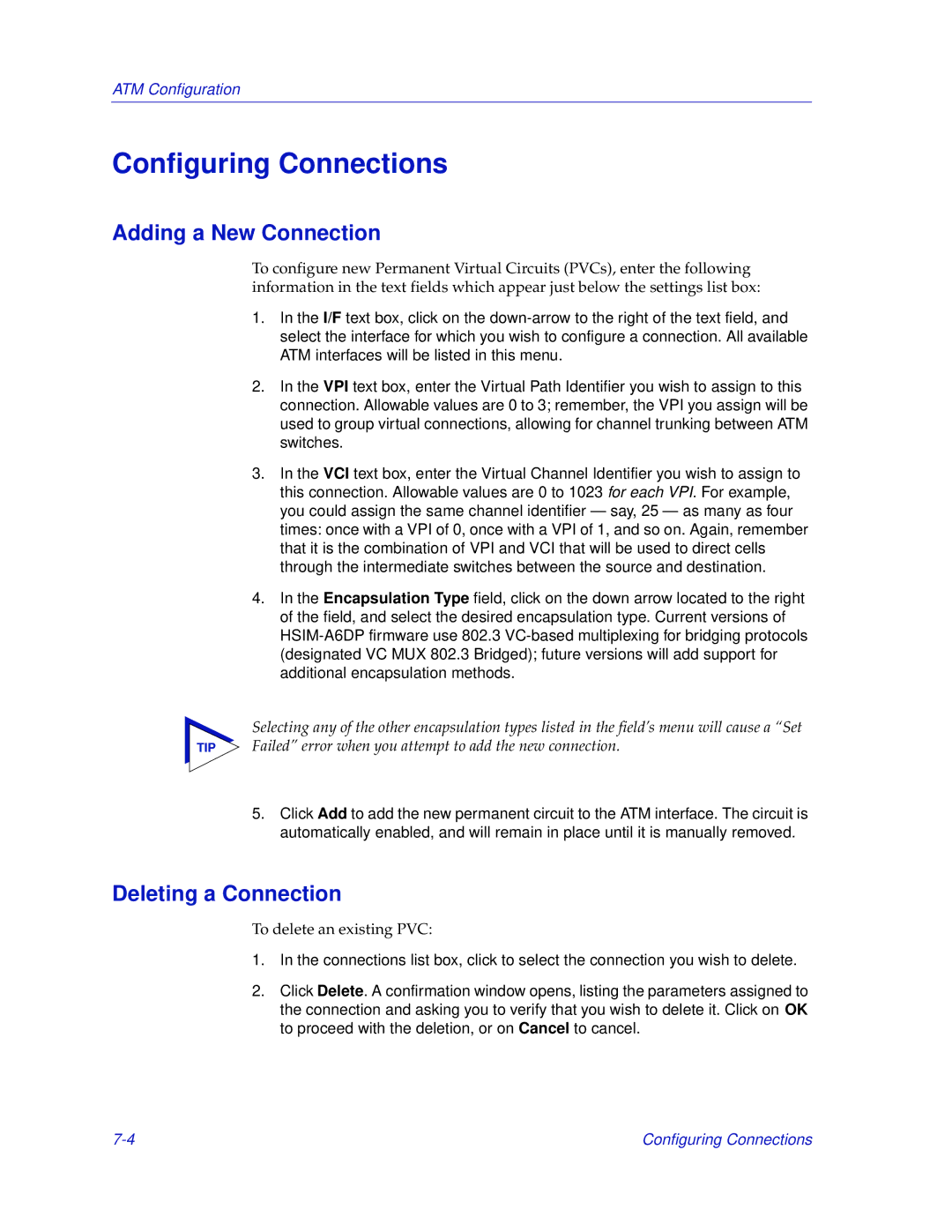 Enterasys Networks 2000 manual Configuring Connections, Adding a New Connection, Deleting a Connection 