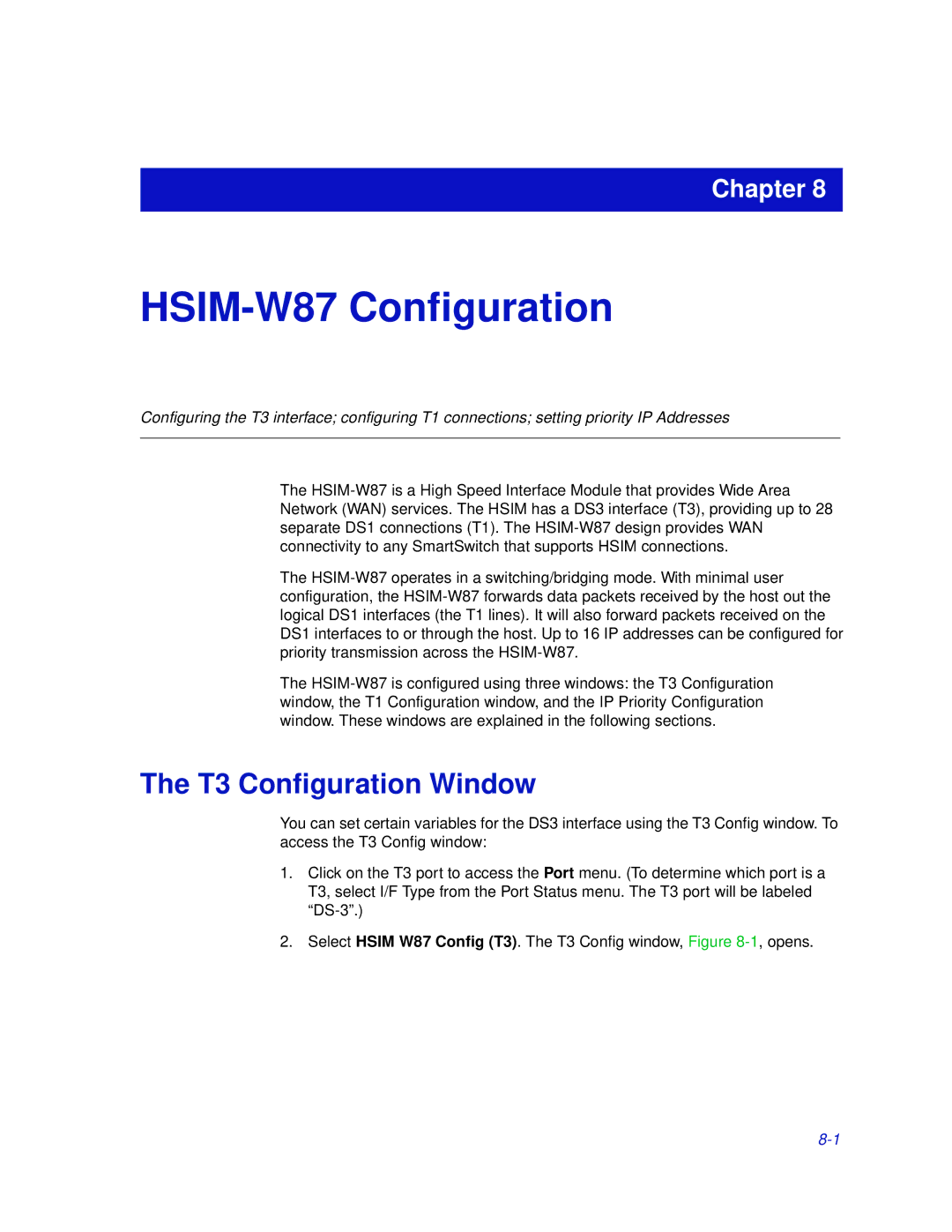 Enterasys Networks 2000 manual HSIM-W87 Configuration, T3 Configuration Window 