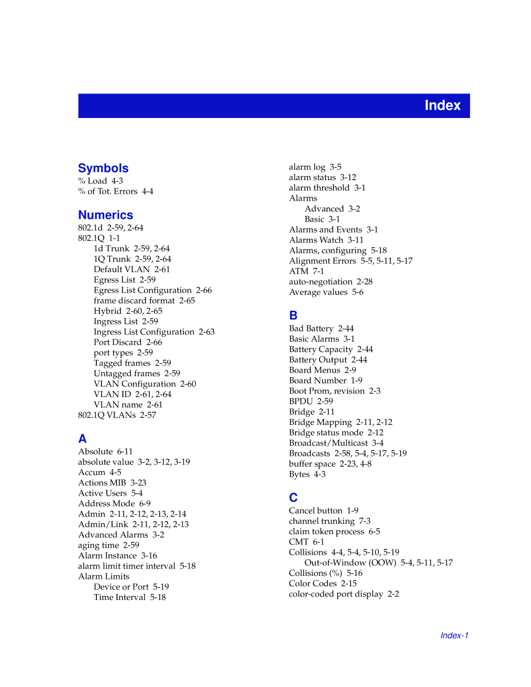 Enterasys Networks 2000 manual Symbols, Numerics 