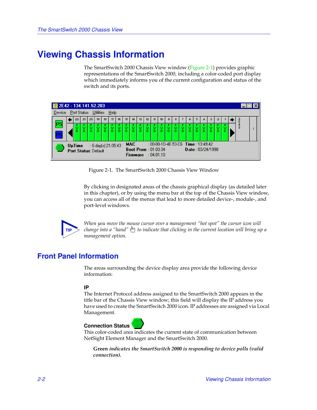 Enterasys Networks 2000 manual Viewing Chassis Information, Front Panel Information, Connection Status 