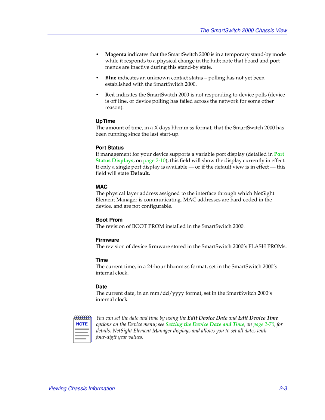 Enterasys Networks 2000 manual Port Status, Boot Prom, Firmware, Time, Date 