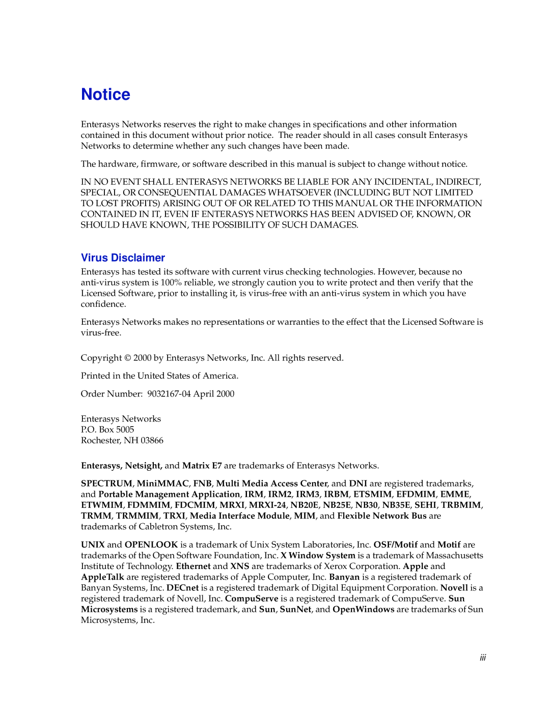 Enterasys Networks 2000 manual Virus Disclaimer 