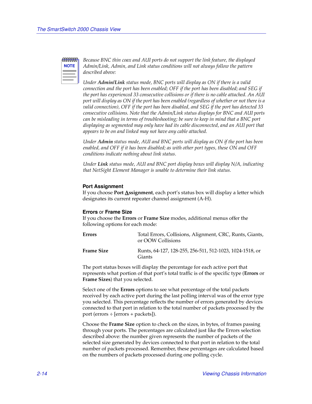 Enterasys Networks 2000 manual Port Assignment, Errors or Frame Size 