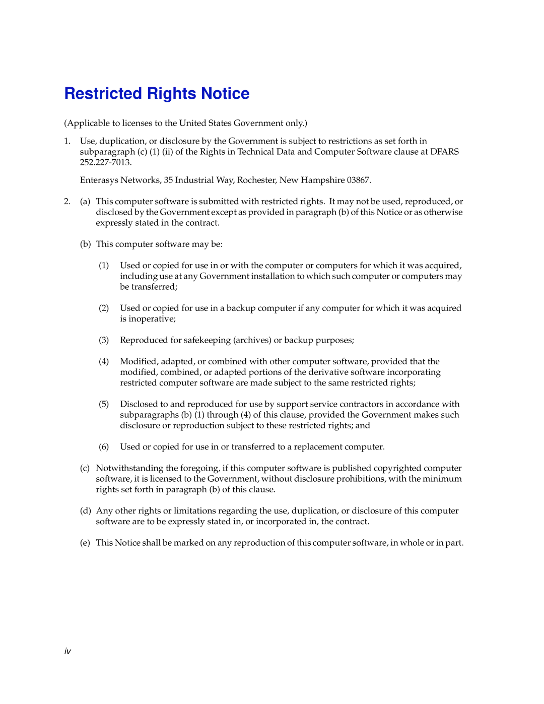 Enterasys Networks 2000 manual Restricted Rights Notice 