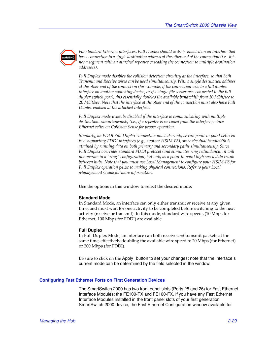 Enterasys Networks 2000 manual Standard Mode, Full Duplex, Configuring Fast Ethernet Ports on First Generation Devices 