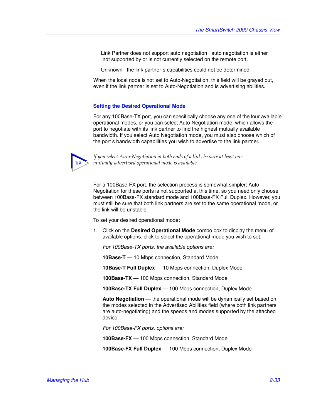 Enterasys Networks 2000 manual Setting the Desired Operational Mode, For 100Base-FX ports, options are 