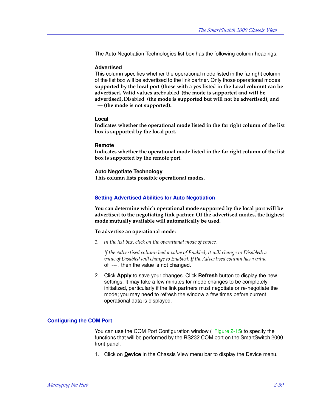 Enterasys Networks 2000 manual Setting Advertised Abilities for Auto Negotiation, Configuring the COM Port 