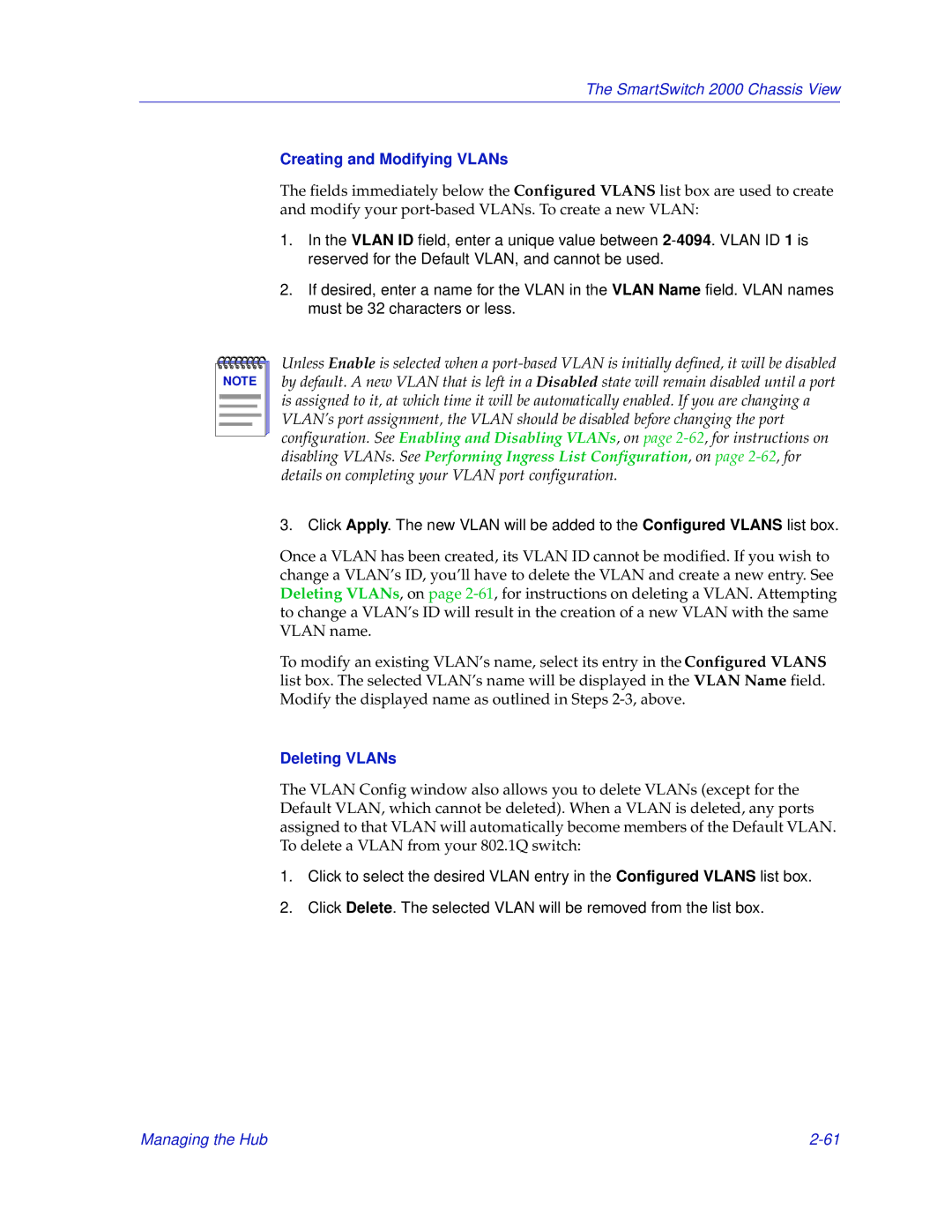 Enterasys Networks 2000 manual Creating and Modifying VLANs, Deleting VLANs 