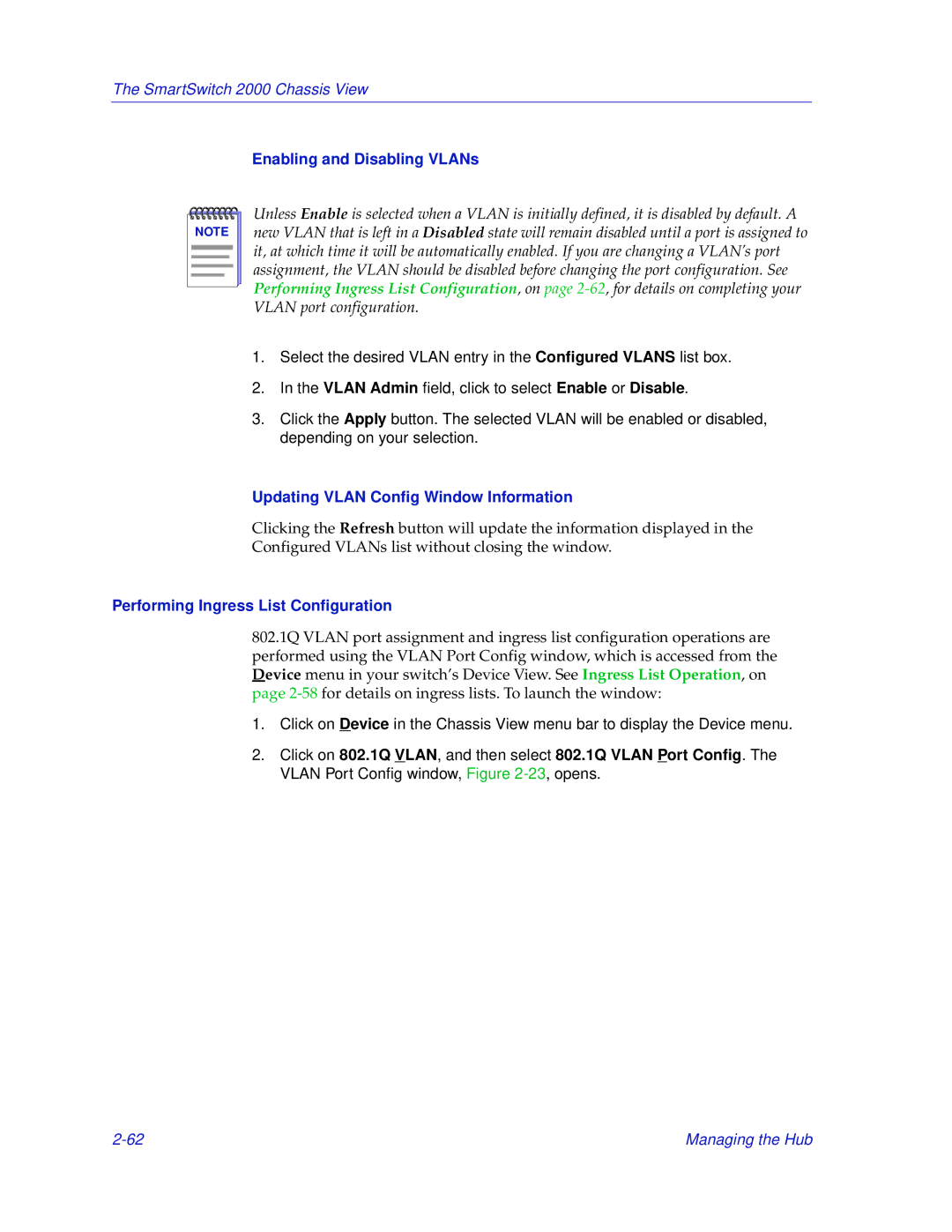 Enterasys Networks 2000 manual Enabling and Disabling VLANs, Updating Vlan Config Window Information 