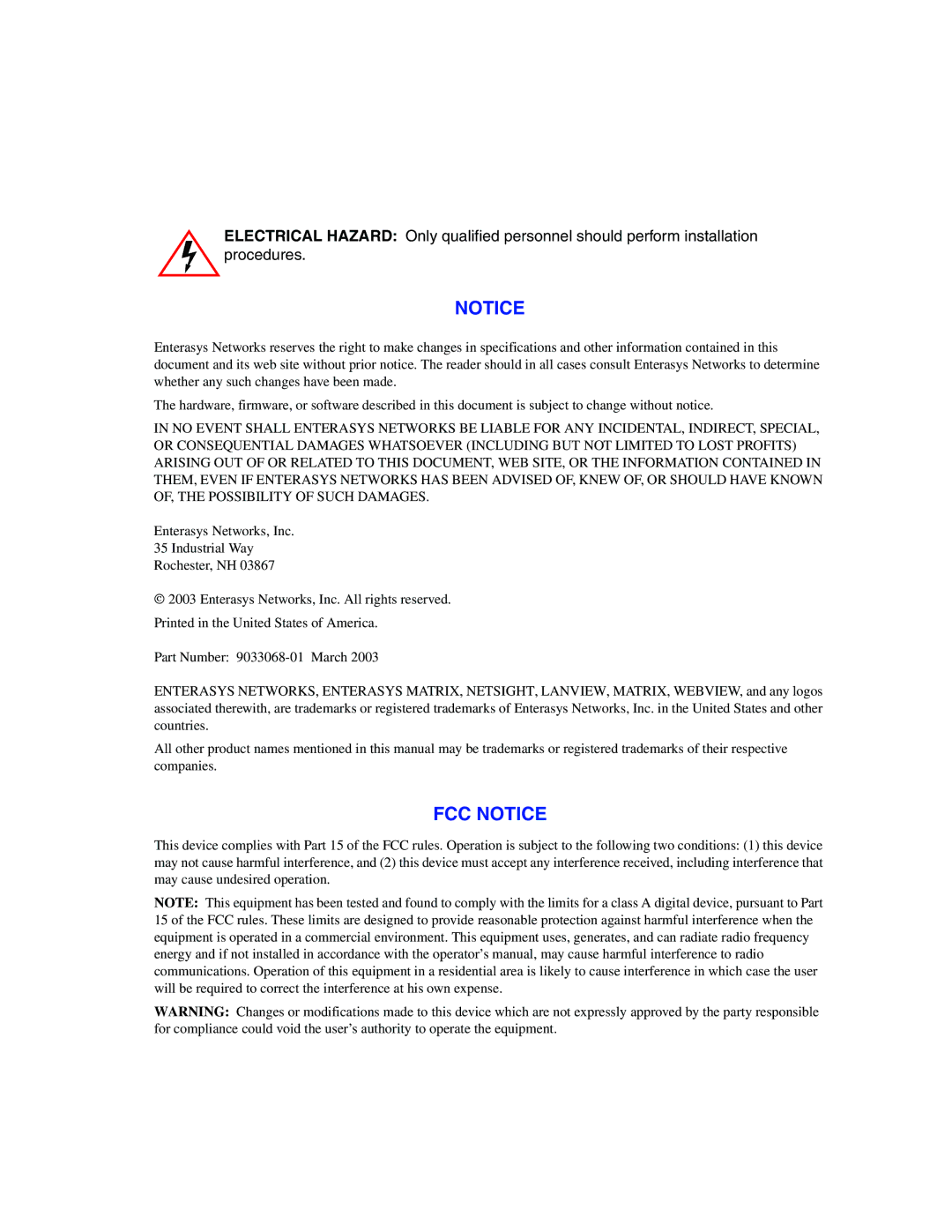 Enterasys Networks 2200 manual FCC Notice 