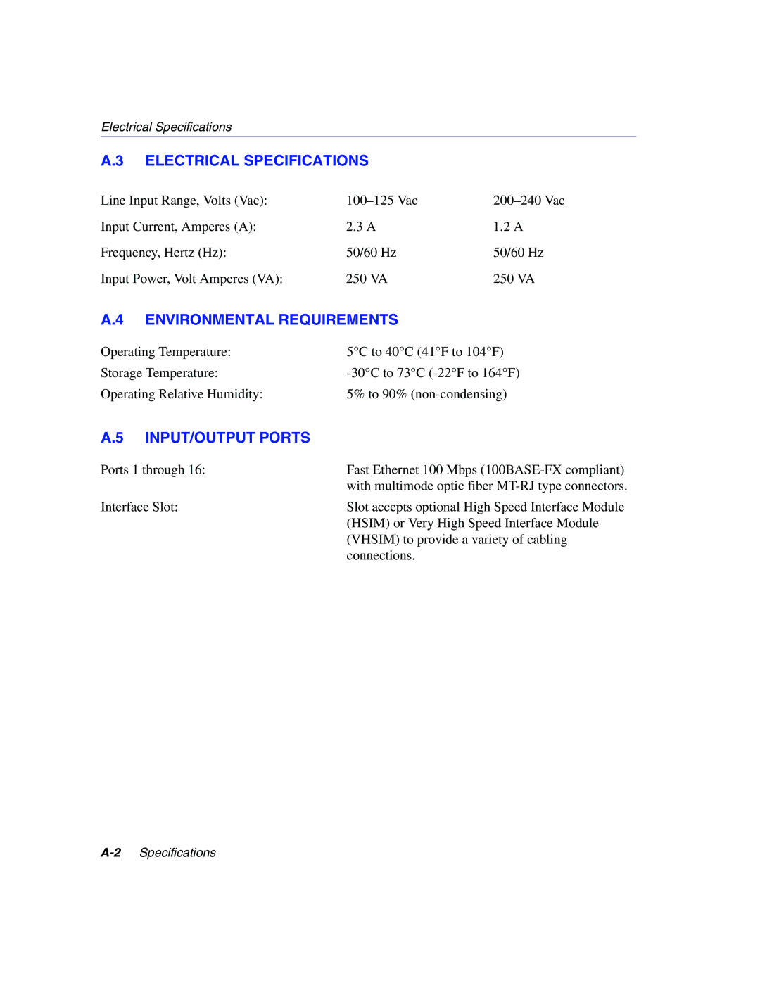 Enterasys Networks 2200 manual Electrical Specifications, Environmental Requirements, INPUT/OUTPUT Ports 