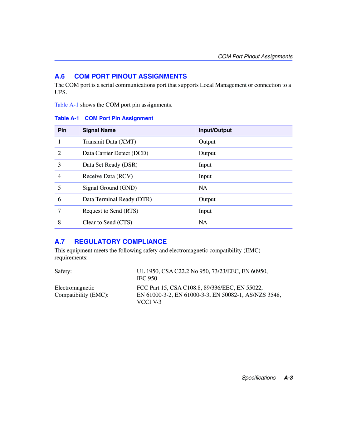 Enterasys Networks 2200 manual COM Port Pinout Assignments, Regulatory Compliance 