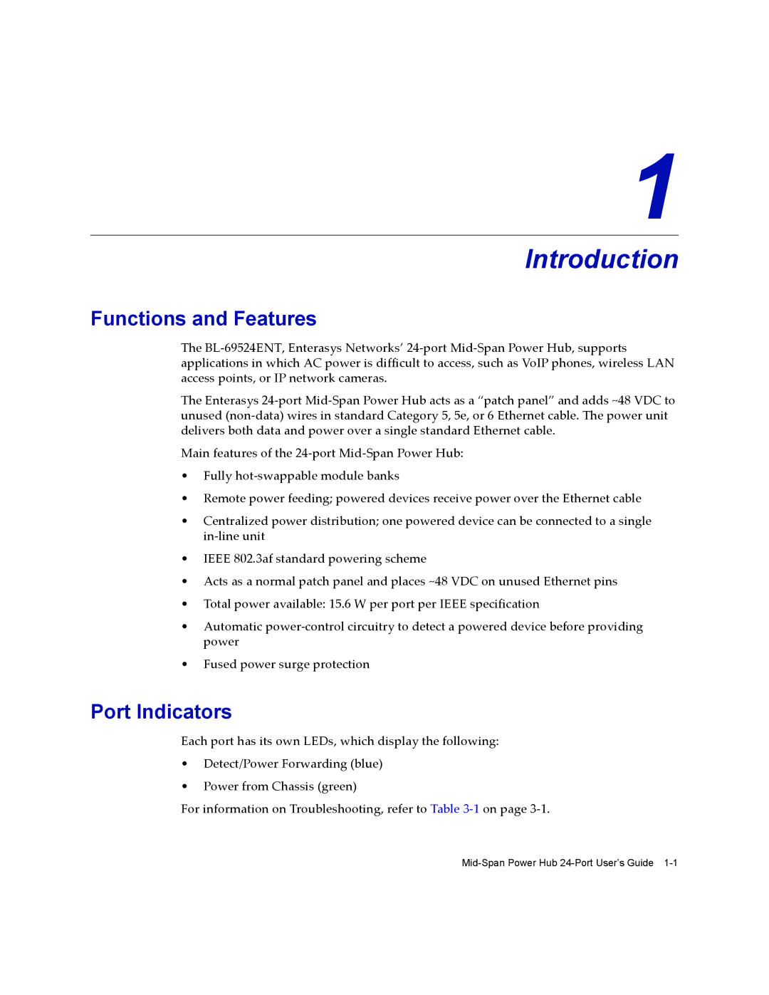 Enterasys Networks 24-Port manual Introduction, Functions and Features, Port Indicators 