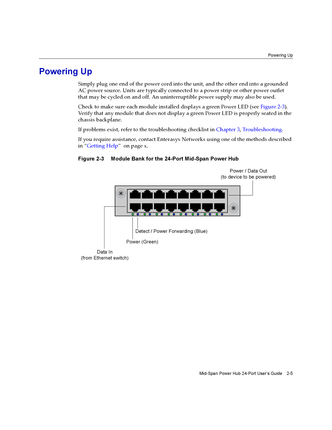 Enterasys Networks manual Powering Up, Module Bank for the 24-Port Mid-Span Power Hub 