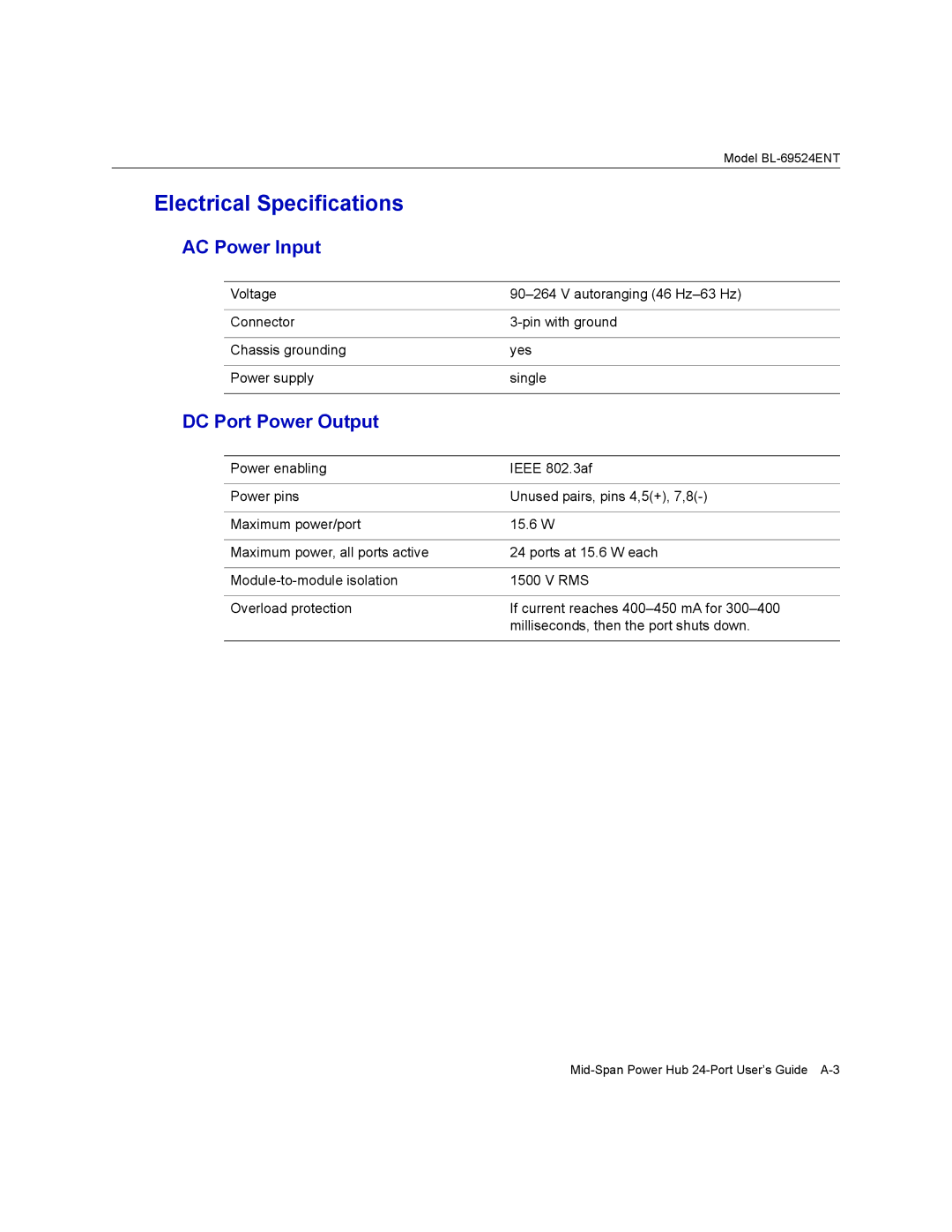 Enterasys Networks 24-Port manual Electrical Specifications 