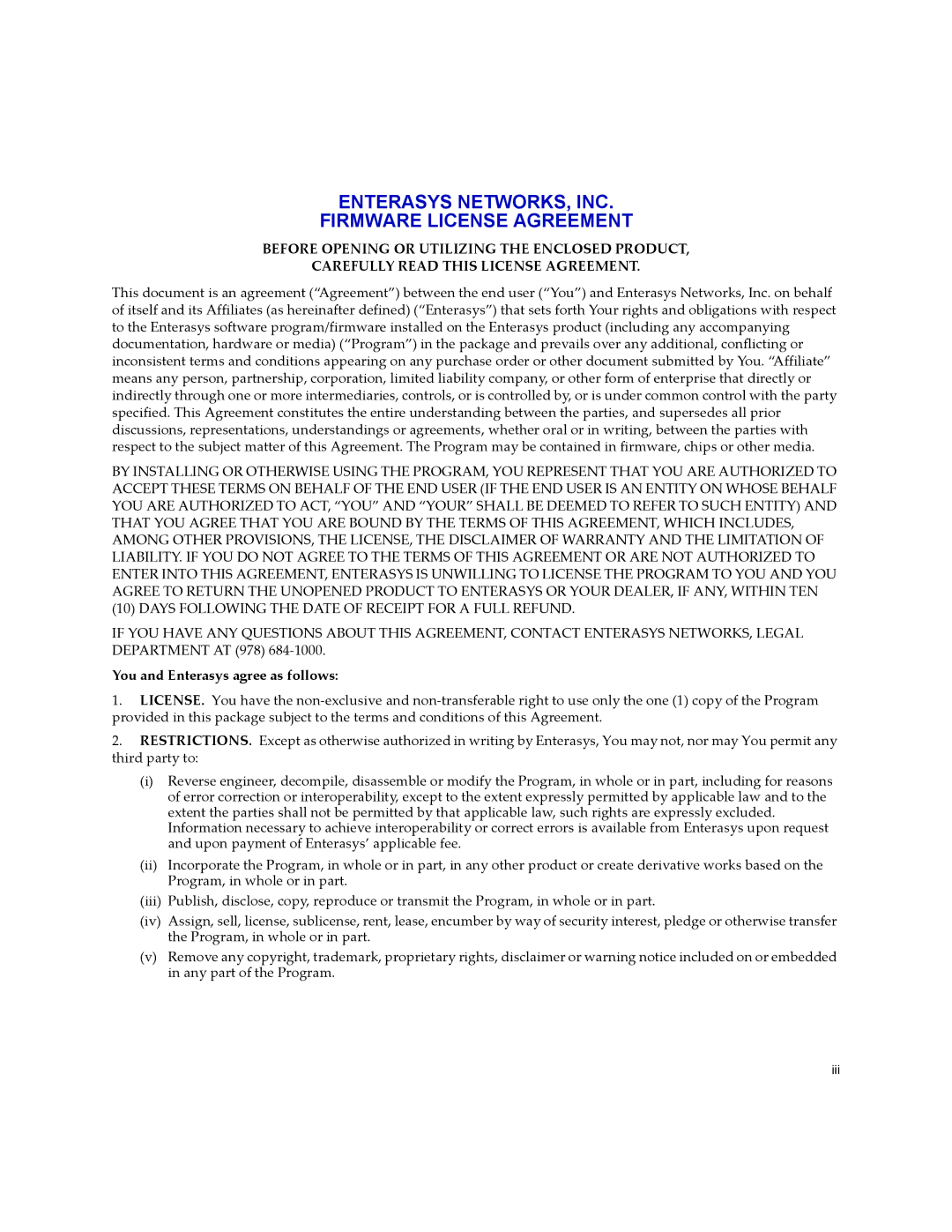 Enterasys Networks 24-Port manual Enterasys NETWORKS, INC Firmware License Agreement 