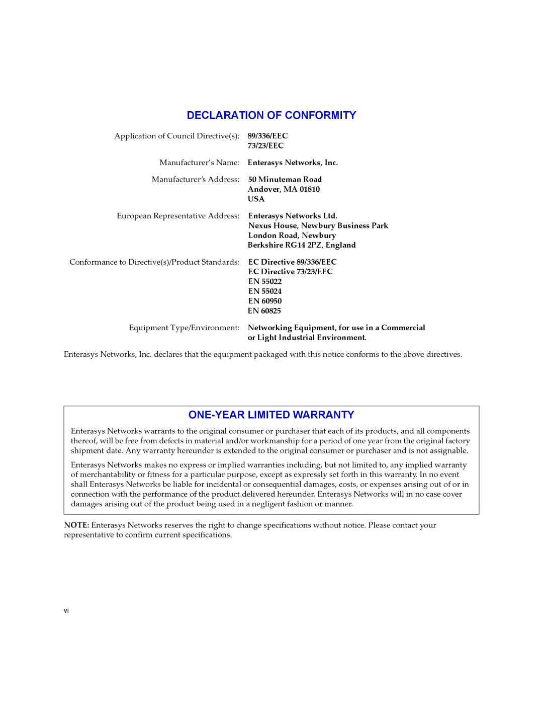 Enterasys Networks 24-Port manual Declaration of Conformity 