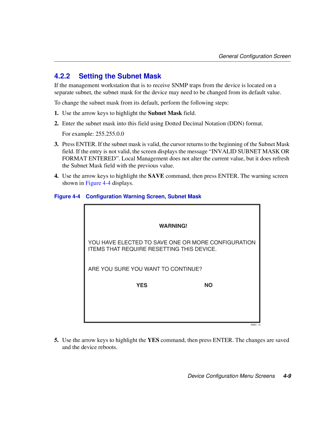 Enterasys Networks 2H253, 2E253, 2H252, 2H258 manual Setting the Subnet Mask, Configuration Warning Screen, Subnet Mask 