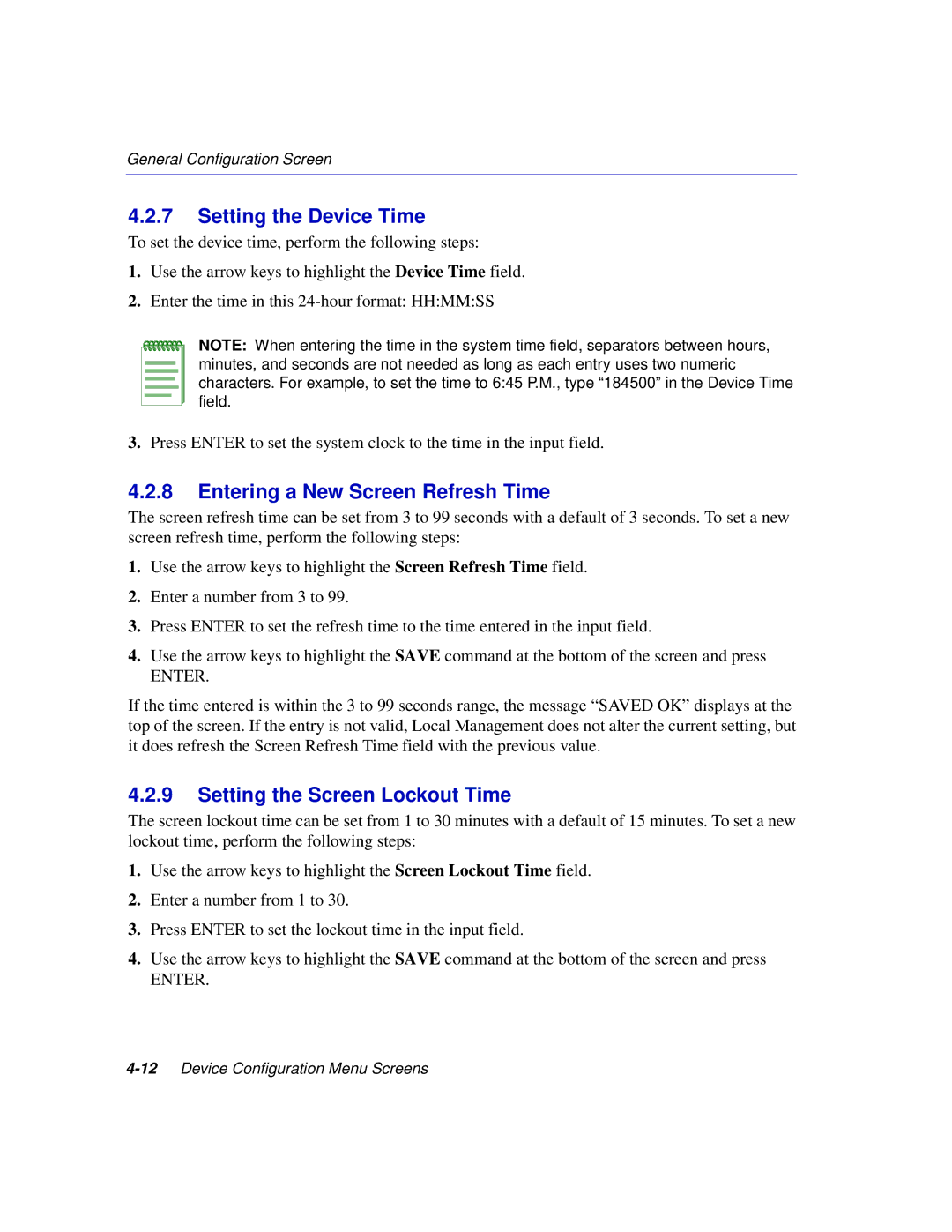 Enterasys Networks 2E253 Setting the Device Time, Entering a New Screen Refresh Time, Setting the Screen Lockout Time 